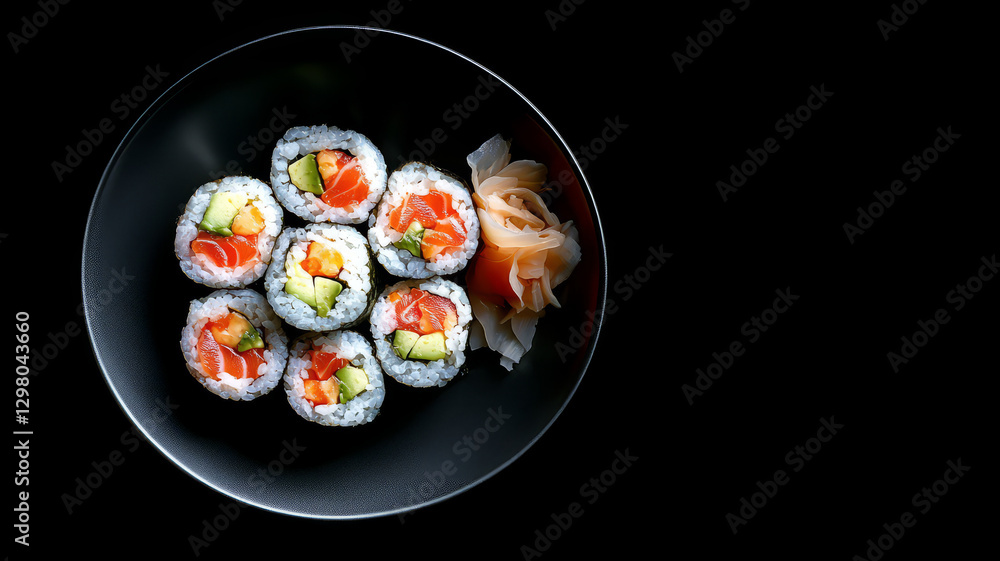 Plate of sushi with salmon and avocado on a black background. Plate of sushi with salmon and avocado on a black background.