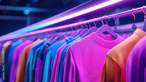 Colorful row of sweaters hanging on a rack displaying various textures and patterns for seasonal fashion