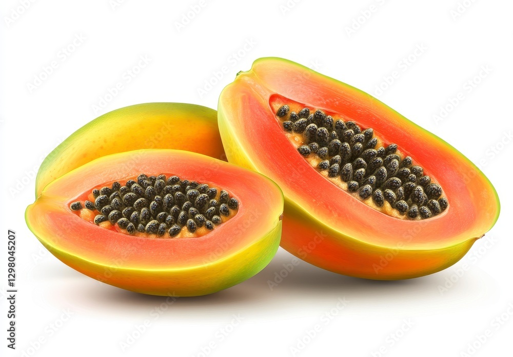 Ripe Orange Papaya Halves and Whole Fruit on White Background Ripe Orange Papaya Halves and Whole Fruit on White Background