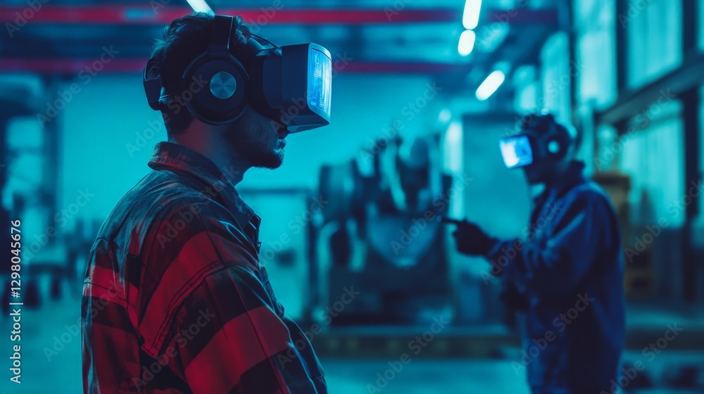 Augmented reality industrial training, workers using AR headsets to interact with holographic machinery Augmented reality industrial training, workers using AR headsets to interact with holographic machinery