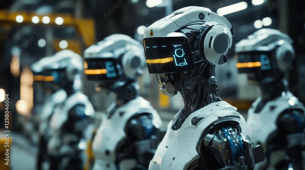 Cybernetic factory workers wearing neural interface headsets, merging human intelligence with AI-assisted production Cybernetic factory workers wearing neural interface headsets, merging human intelligence with AI-assisted production