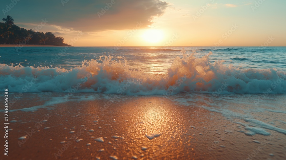 Serene ocean waves gently crashing at sunset along a tranquil beach with golden sands and palm trees in the background Serene ocean waves gently crashing at sunset along a tranquil beach with golden sands and palm trees in the background