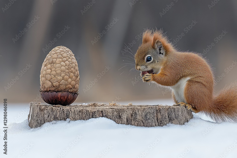 A playful squirrel munching on a nut beside a large acorn on a snowy forest floor during winter