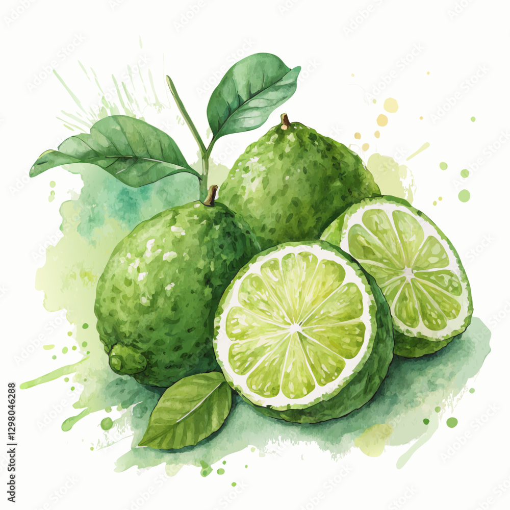 Citrus Burst: A watercolor painting of vibrant green limes, whole and sliced, with lush green leaves on a textured backdrop, a zesty, fresh, healthy fruit Citrus Burst: A watercolor painting of vibrant green limes, whole and sliced, with lush green leaves on a textured backdrop, a zesty, fresh, healthy fruit
