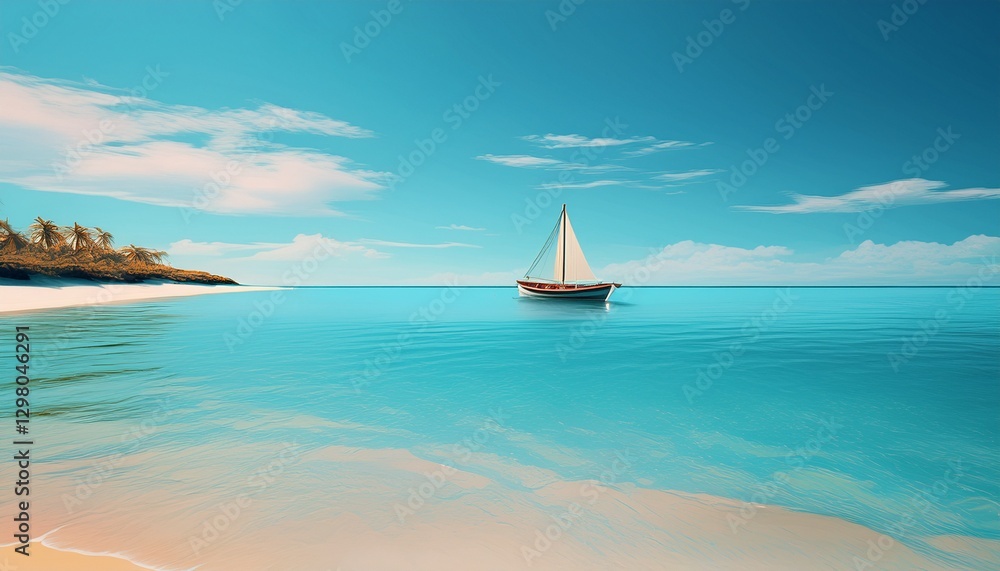 Obraz premium Minimalist beachscape: single boat floats on calm turquoise water. Serene & peaceful coastal scene. Ideal for travel, vacation, and calming backgrounds.
