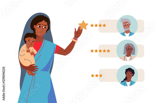 Indian mother leaves positive review doctor work. Online medical consultation, e-health concept.Pediatrics online. India Remote Medicine. cartoon flat vector illustration isolated on white background.