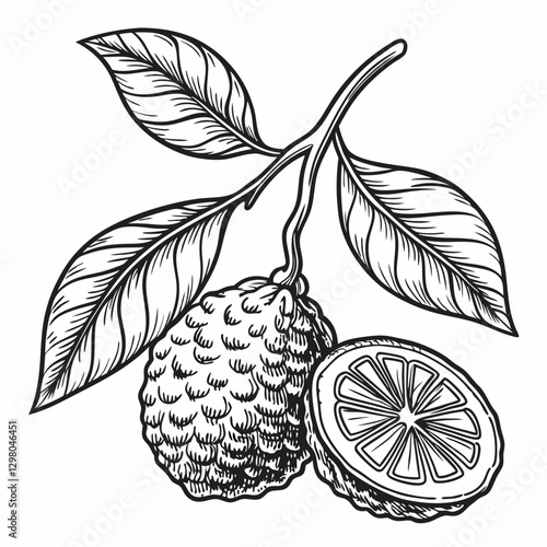 Bergamot Sketch: An intricate pen and ink illustration captures the beauty of a bergamot fruit with a branch of leaves, with precise details emphasizing the unique texture and form.