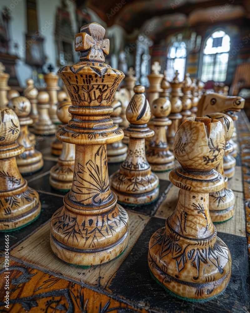 Intricately carved wooden chess pieces on an antique chessboard, showcasing details and craftsmanship. A close-up view emphasizing the artistry. Intricately carved wooden chess pieces on an antique chessboard, showcasing details and craftsmanship. A close-up view emphasizing the artistry.