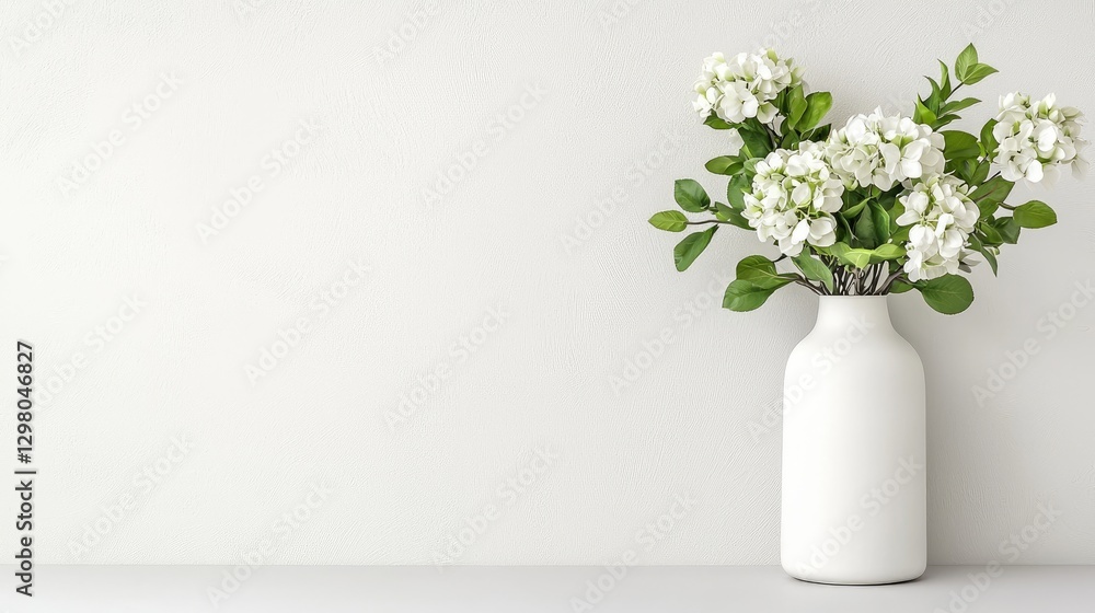 Fototapeta premium White flowers in a ceramic vase stand on a table against a clean wall, offering copy space for minimalist home decor.
