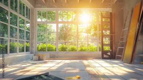 Sunlit room with large windows, ladder, and tools; symbolizes home improvement and brightness.