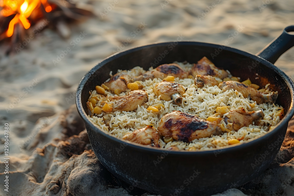 Chicken and Rice Pilaf in Cast Iron Pan over open Fire Campfire Cooking Chicken and Rice Pilaf in Cast Iron Pan over open Fire Campfire Cooking