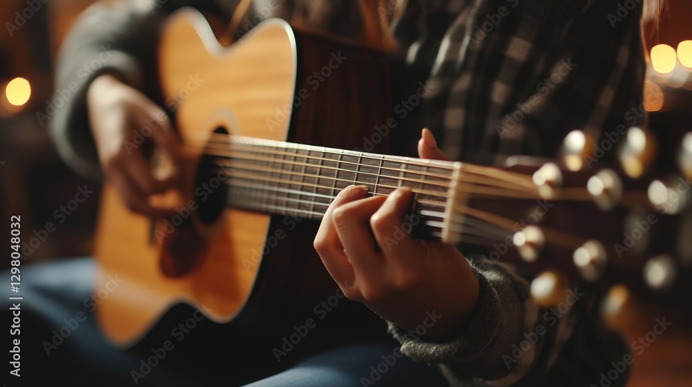 Fototapeta premium Person playing acoustic guitar in cozy indoor setting during evening