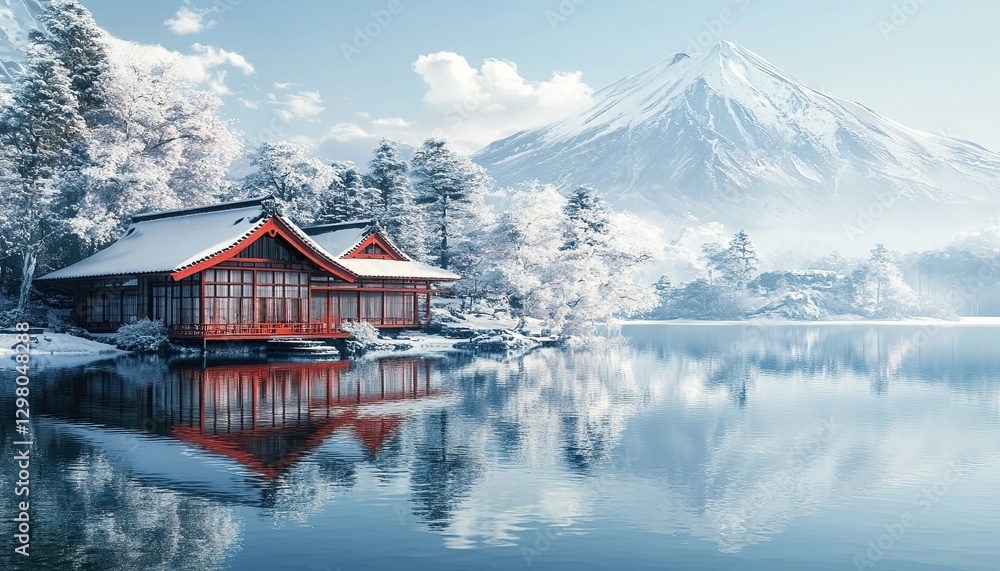 Fototapeta premium A Japanese-style house with red eaves is located by the lake, surrounded by snow-covered mountains and trees