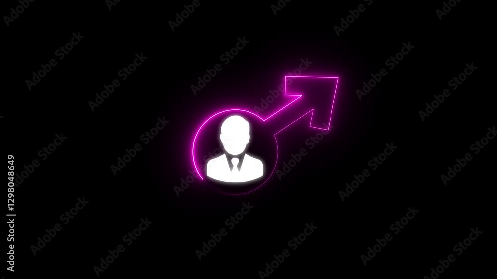 Neon glowing gender animation with man icon. linked gender symbols, adult sex icon animation, on black background