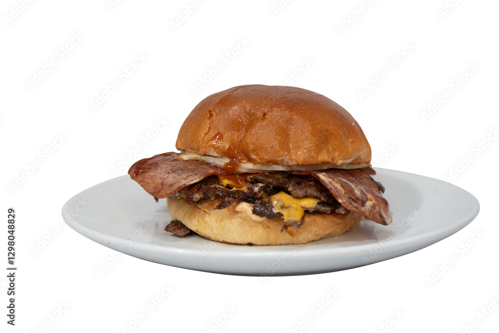 Delicious cheeseburger with smoked meat on soft bun served on a plate for a satisfying meal experience Delicious cheeseburger with smoked meat on soft bun served on a plate for a satisfying meal experience