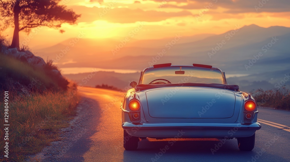 Fototapeta premium Classic convertible car driving along a scenic road at sunset with a stunning view of mountains and lakes in the distance