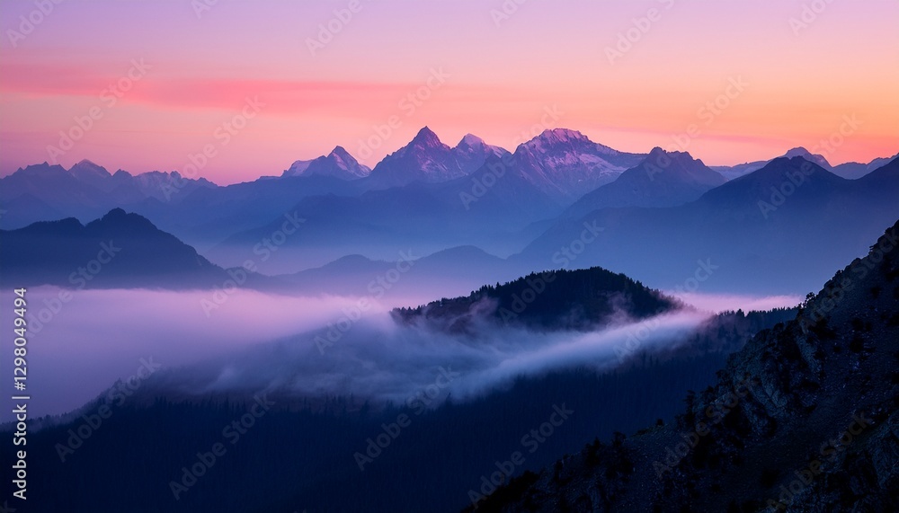 Obraz premium Misty mountain range at dawn: soft pink & lavender light illuminates peaks. Serene, ethereal landscape. Ideal for nature, travel, and peaceful backgrounds