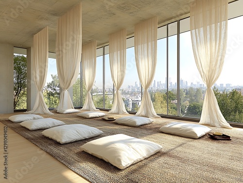 Fototapeta Naklejka Na Ścianę i Meble -  Minimalist meditation space with city view, serene setting for mindfulness