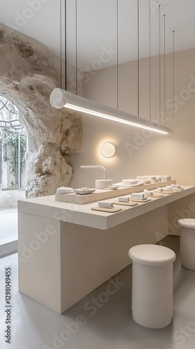 Minimalist showroom presents product display on pure white podium setup
