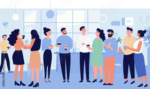 Vector Illustration of Company Social Event with Employees and Customers Mingling
