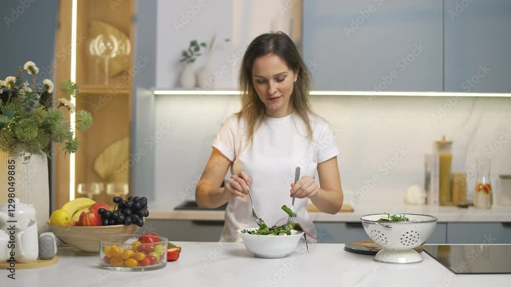 Healthy food, cheerful woman preparing vegetables salad with avocado, red peppers and tomatoes, mixing salad ingredients, home kitchen. Healthy food, cheerful woman preparing vegetables salad with avocado, red peppers and tomatoes, mixing salad ingredients, home kitchen.