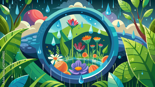 a rain-soaked tiny flower scene that showcases intricate wonders of nature through each raindrop acting as a miniature lens