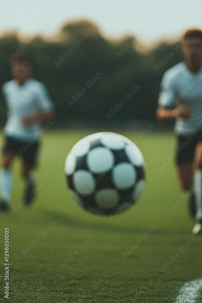 Fototapeta premium Dynamic scene of soccer players chasing ball, showcasing energy