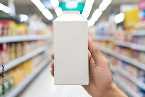 Hand Holding Blank Milk Carton in Grocery Store Aisle