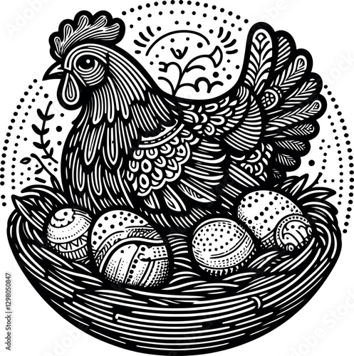 Hen and Her Brood in a Detailed Nest, Circular Design. Black and white illustration features a hen nestled in a nest, surrounded by her decorated eggs.