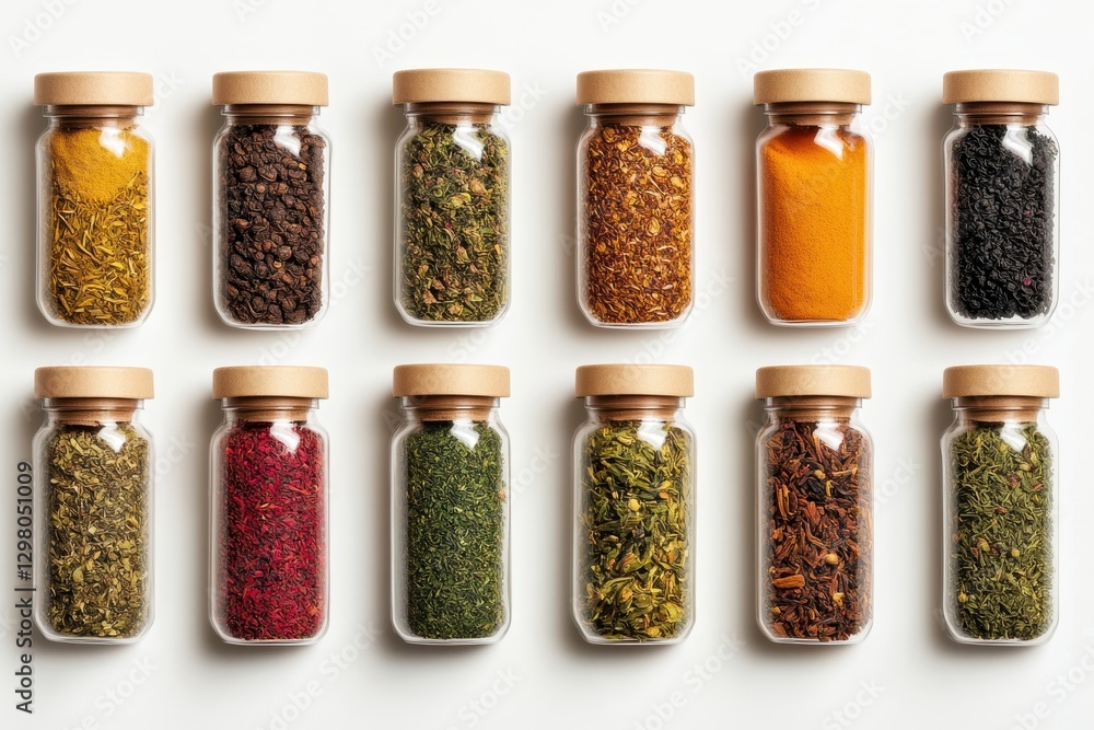 Various spices and herbs arranged neatly in transparent jars with wooden lids on a light background Various spices and herbs arranged neatly in transparent jars with wooden lids on a light background