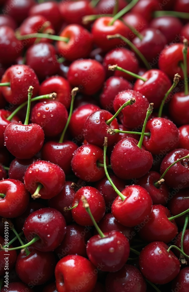 Full frame close-up with fresh ripe cherries with water drops. Sweet, juicy, organic, healthy red fruit background. Food photography concept with blank space for product advertising. Full frame close-up with fresh ripe cherries with water drops. Sweet, juicy, organic, healthy red fruit background. Food photography concept with blank space for product advertising.