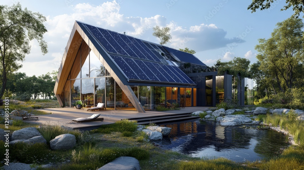 Obraz premium Solar-powered eco-friendly house with AI-managed energy distribution, a sustainable living environment for families