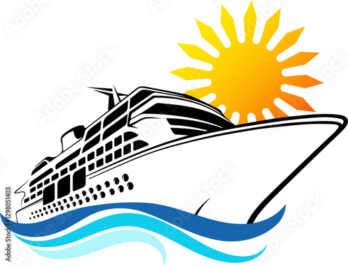 Big cruise sea liner on blue waves and yellow sun