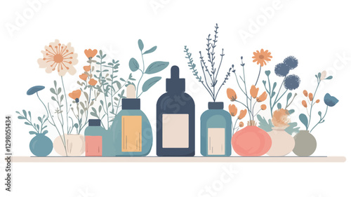 A digital illustration depicting an arrangement of various bottles and jars, seemingly containing cosmetic products, interspersed with stylized illustrations of flowers and herbs. The style is