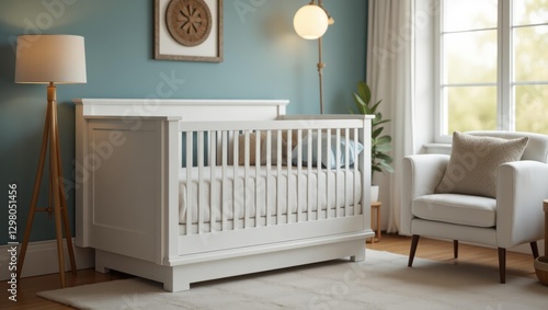 Cradlewise. White wooden baby crib with blue wall in cozy modern nurse