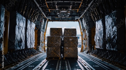 Cargo Plane Interior:  A View of Securely Packed Goods Awaiting Delivery