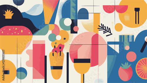 The image is a digital illustration featuring a collage of abstract shapes and forms representing food and drink items.  The style is modern and playful, utilizing bold, saturated colors in a