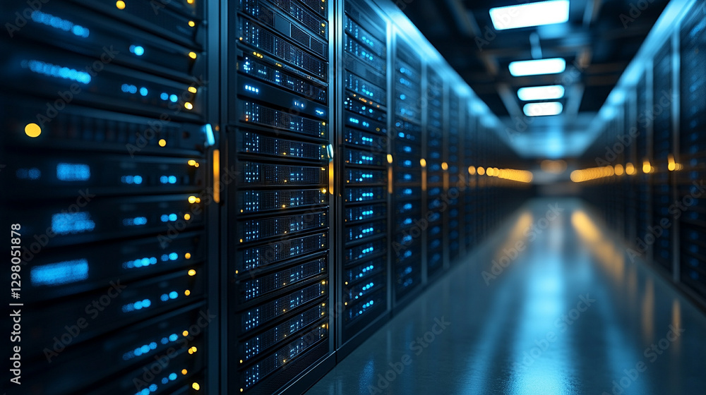 Modern data center interior with black server racks housing computer network infrastructure symbolizing cloud data storage, hardware security, and internet hosting in a high-tech environment Modern data center interior with black server racks housing computer network infrastructure symbolizing cloud data storage, hardware security, and internet hosting in a high-tech environment