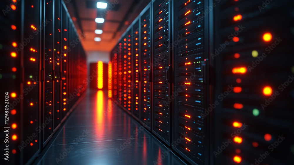 Modern data center interior with black server racks housing computer network infrastructure symbolizing cloud data storage, hardware security, and internet hosting in a high-tech environment Modern data center interior with black server racks housing computer network infrastructure symbolizing cloud data storage, hardware security, and internet hosting in a high-tech environment