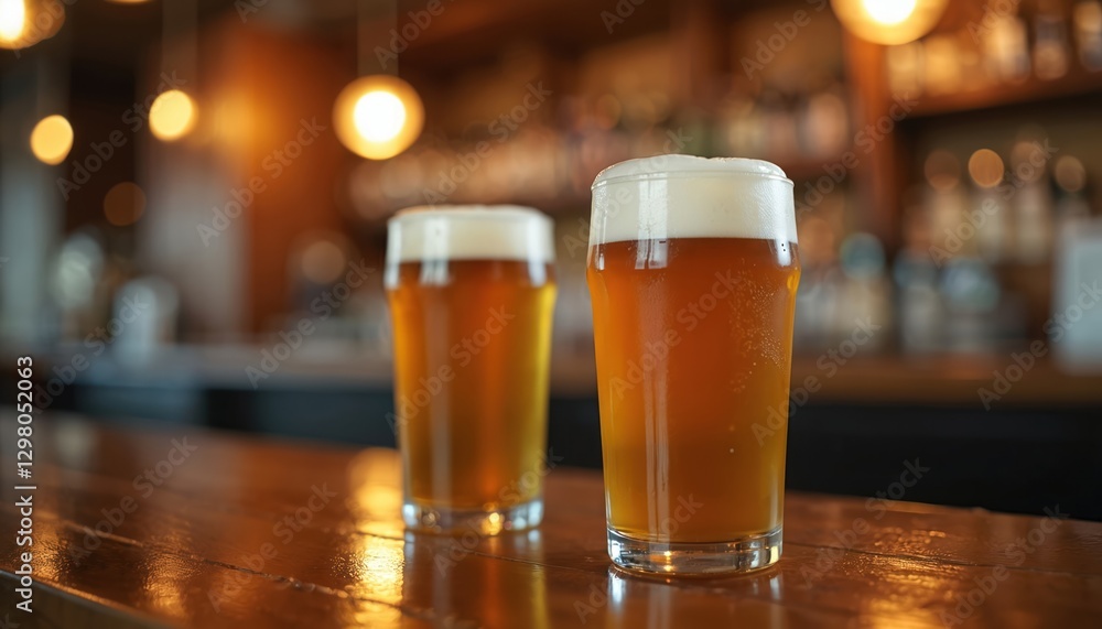 Two pints of lager beer on wooden bar counter against blurred pub interior background. Cold beverages, beer glasses, alcohol drink. Refreshment liquid with foam in dark rustic bar. Two pints of lager beer on wooden bar counter against blurred pub interior background. Cold beverages, beer glasses, alcohol drink. Refreshment liquid with foam in dark rustic bar.