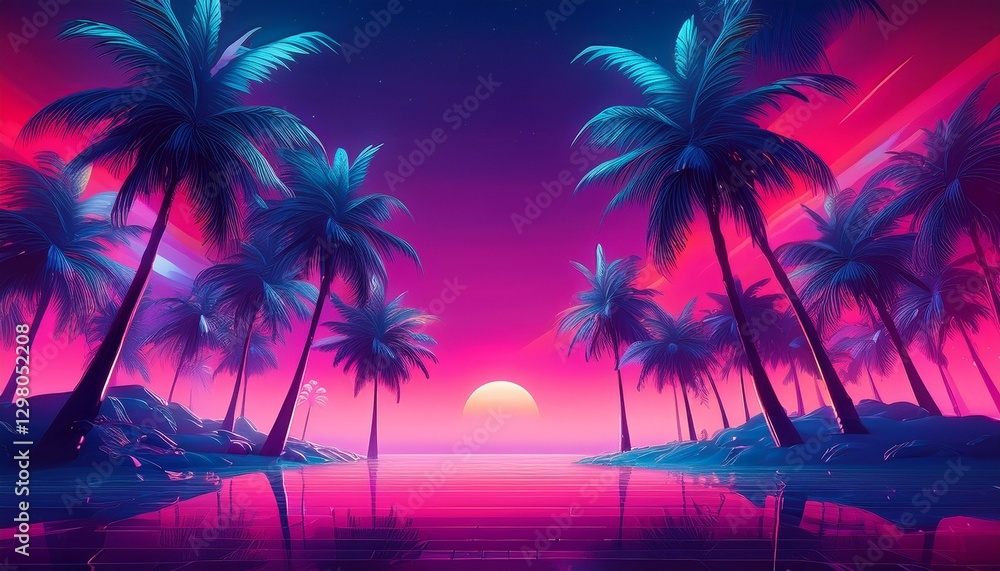 Neon tropical night scene: glowing palm trees & deep magenta sky. Vibrant & exotic nightlife vibe. Ideal for party themes & eye-catching designs.
Neon tropical night scene: glowing palm trees & deep magenta sky. Vibrant & exotic nightlife vibe. Ideal for party themes & eye-catching designs.