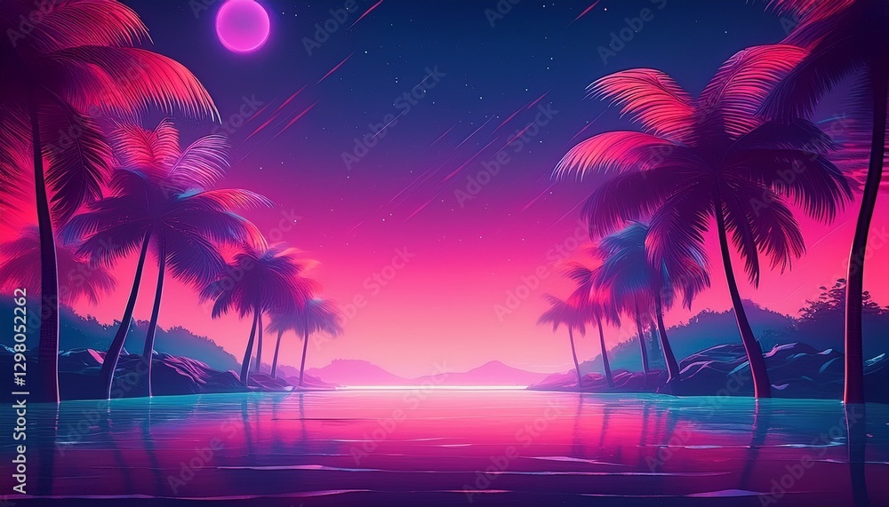 Fototapeta premium Neon tropical night scene: glowing palm trees & deep magenta sky. Vibrant & exotic nightlife vibe. Ideal for party themes & eye-catching designs.