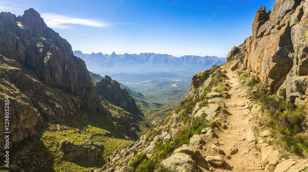 Majestic mountain landscape with winding path leading through ro Majestic mountain landscape with winding path leading through ro