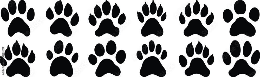 Fototapeta premium Paw silhouette set vector design big pack of animal illustration and icon