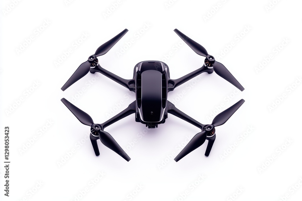Modern black drone with four propellers designed for aerial photography and videography in various environments Modern black drone with four propellers designed for aerial photography and videography in various environments