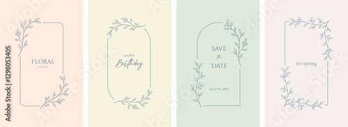 Set of Hand drawn floral frames with flowers, branch and leaves. Elegant logo template. Delicate botanical borders and wreaths in line art, rococo style. Vector illustration for wed invitation, card