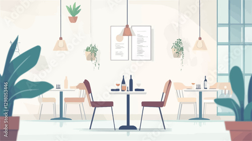 Illustration depicting a modern restaurant interior. The scene is rendered in a minimalist style with clean lines and a bright color palette.  The space features multiple small tables with chairs,