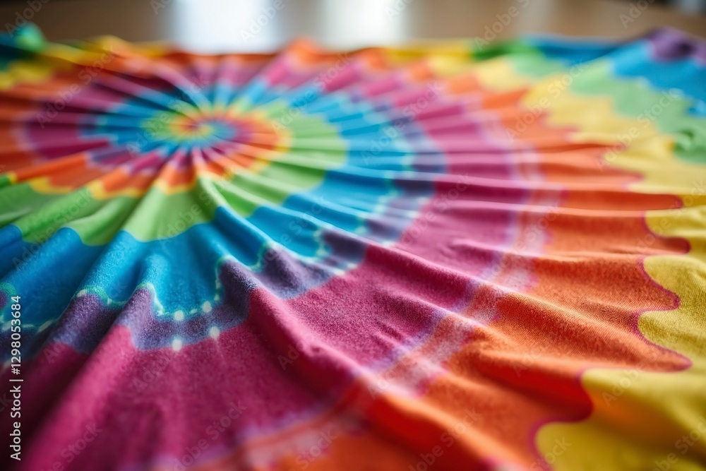 Obraz premium Vivid Tie-Dye Fabric Displayed on Wooden Table