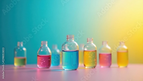 Electrolyte Drops. Liquid paraffin Perfume dupe Perfumer Hydration Pheromones oil Enzyme cleaner Scent split Fragrantica Knowde Enveda Biosciences Colorful glass bottles with in gradient blue and yel