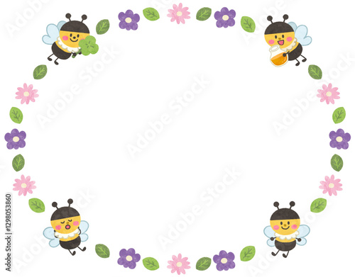 かわいいミツバチと花のフレームイラスト